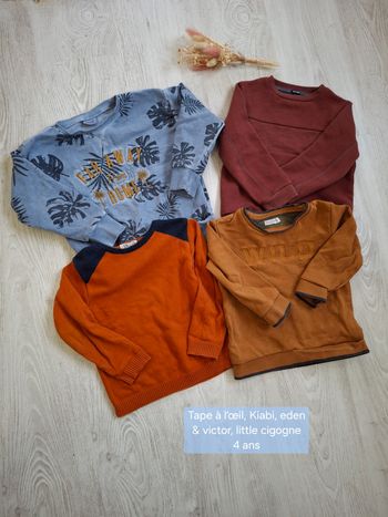 Lot/ensemble Sweat et pull  garçon bleu/marron/bordeaux/orange Tape à l’œil/TAO/kiabi little cigogne/eden&victor – 4 ans