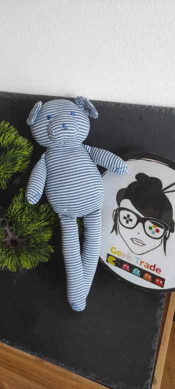 Doudou peluche ours gris bleu rayures Petit Bateau rayé blanc