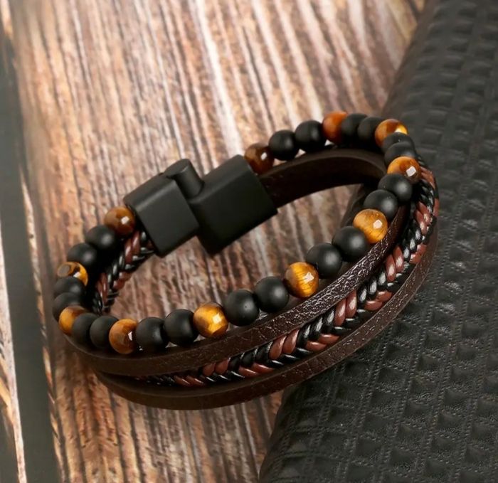 Bracelet en cuir tressé et pierre d'oeil du tigre - photo numéro 2