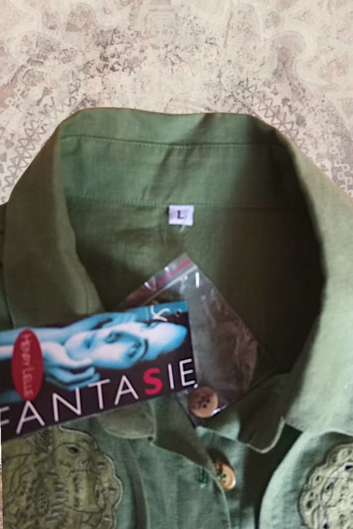 Chemise brodée sans manche en lin et coton kaki -M - photo numéro 5