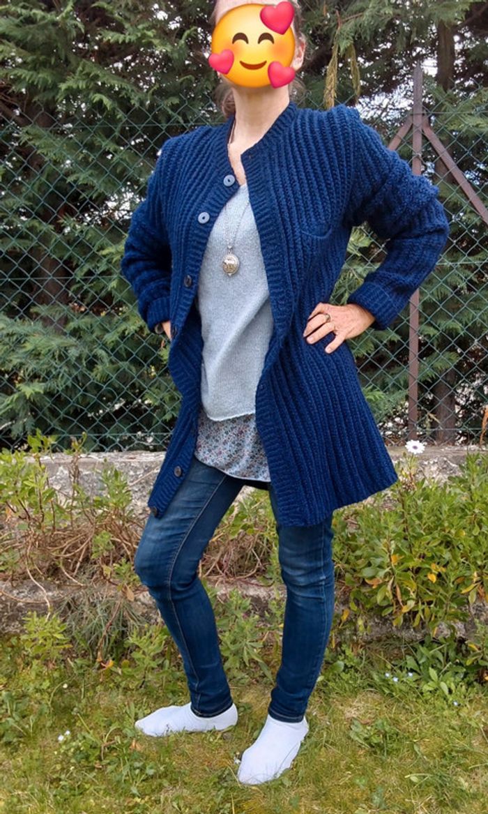 Veste hippie bohème tricoté main bleu marine T 40 - photo numéro 3