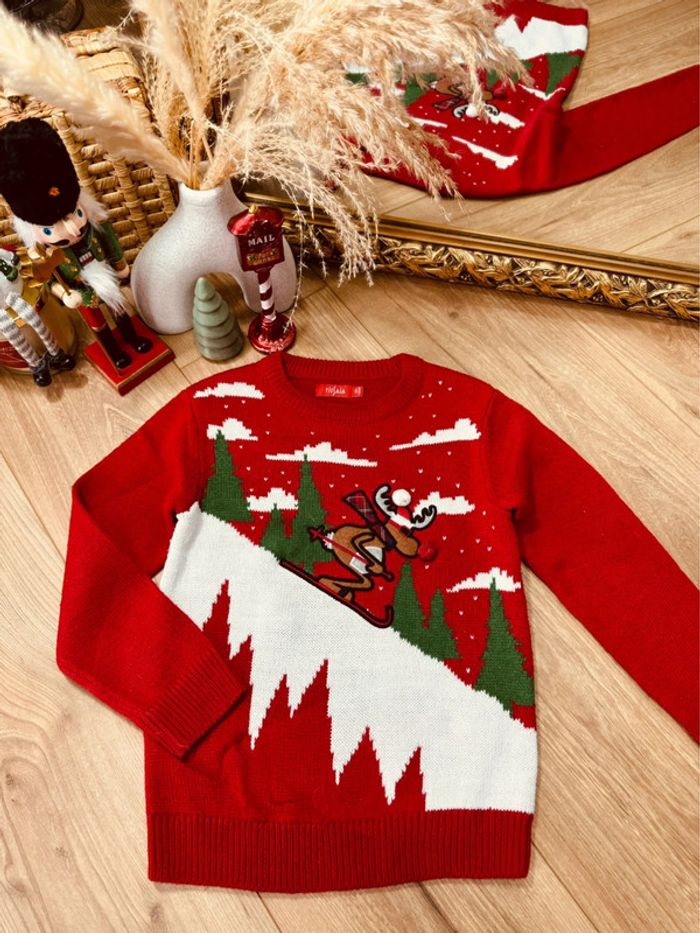 Taille 6 ans pull Noël garçon Tissaia rouge * cerf ski * 🎄