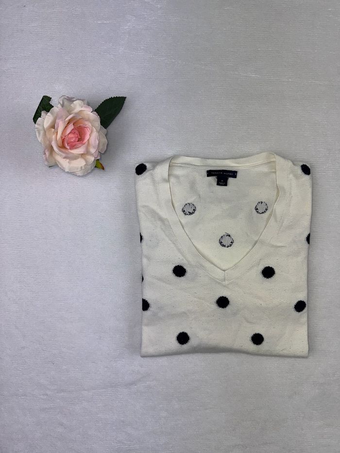 Pull / Sweat Tommy Hilfiger femme taille M col V manches longues blanc à pois noir 100% coton #02325