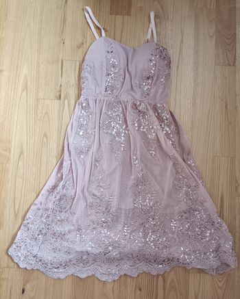 Robe de soirée courte cérémonie femme 38 bretelles tulle sequins rose clair TBE 