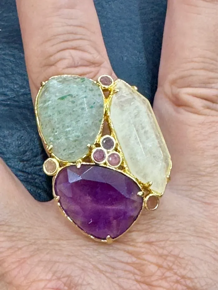 Grosse bague habaha Paris  jade vert améthyste quartz acier inoxydable or réglable - photo numéro 2