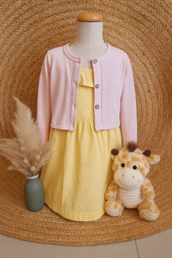Jolie robe jaune fleurie avec gilet rose sergent major 7 ans