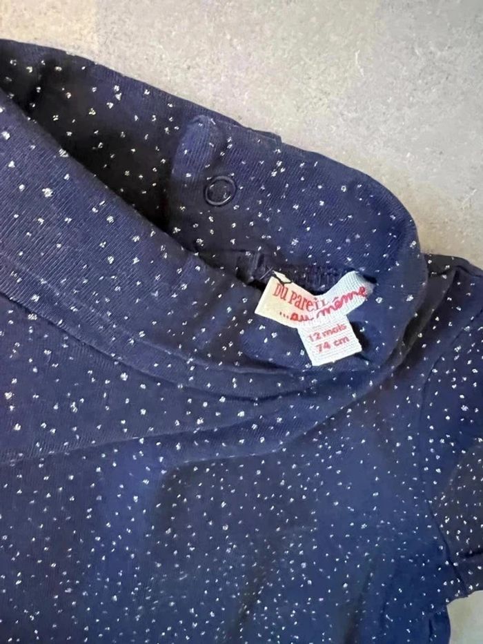 T-shirt avec col montant - " Petits points blanc " - DPAM - Manches longues - Bleu marine - 12 mois - photo numéro 2