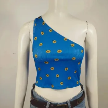 Crop top asymétrique bleu à tournesols – Taille S/M A716