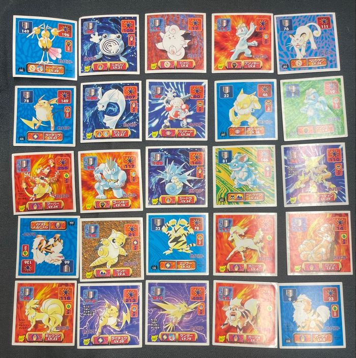 Lot 25 autocollants Pokémon Vintage Japon 1996 – Arcanin Raichu Zapdos Rare