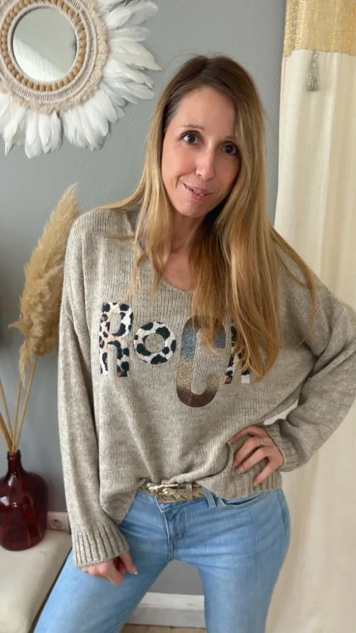 Pull marron-beige avec inscription Rock léopard -Taille unique - photo numéro 2