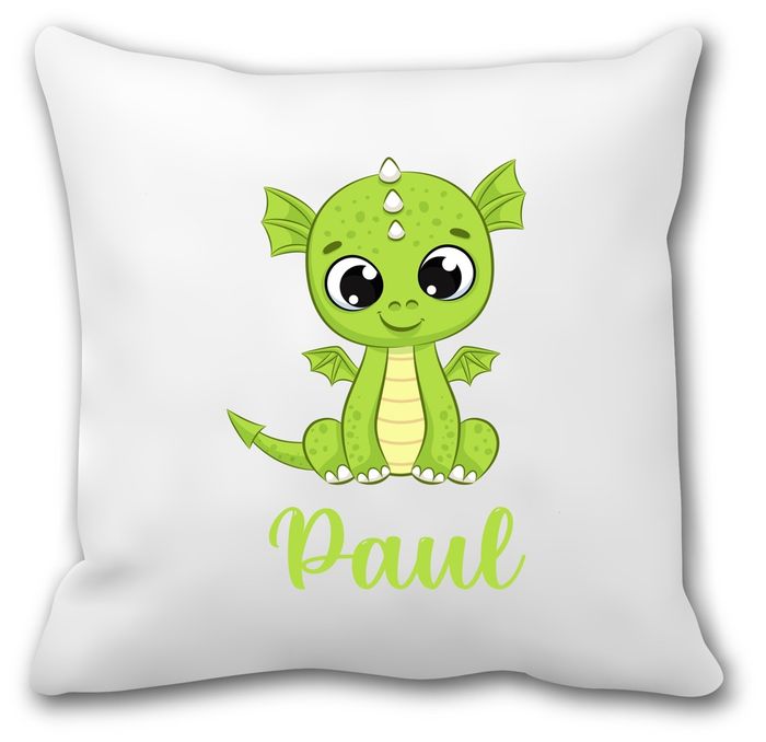 Coussin personnalisé petit dragon vert – Prénom au choix – Rentrée scolaire maternelle – Housse + garniture 40x40 cm – Déco chambre enfant