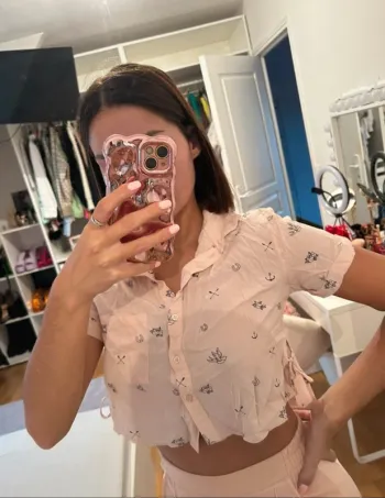 Blouse manches courtes, rose et noir, Bershka, XS