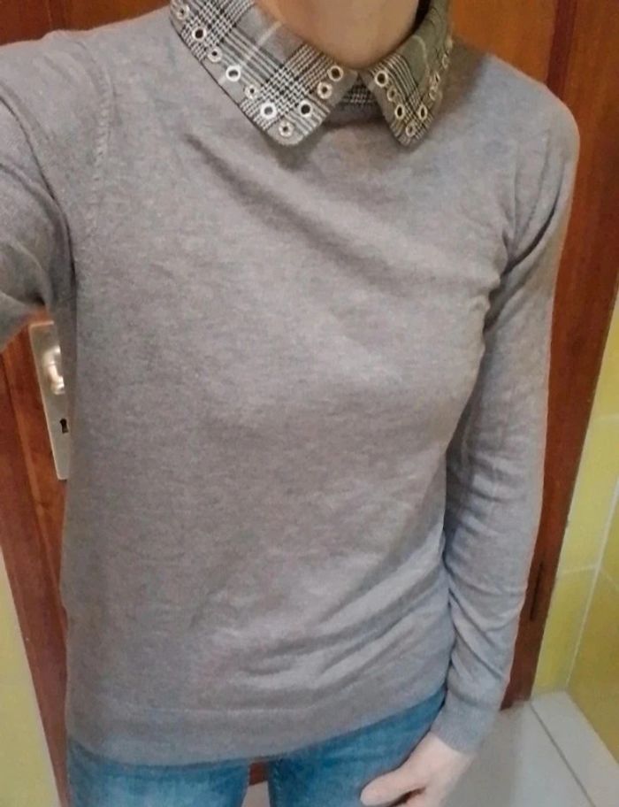 Pull femme col claudine gris