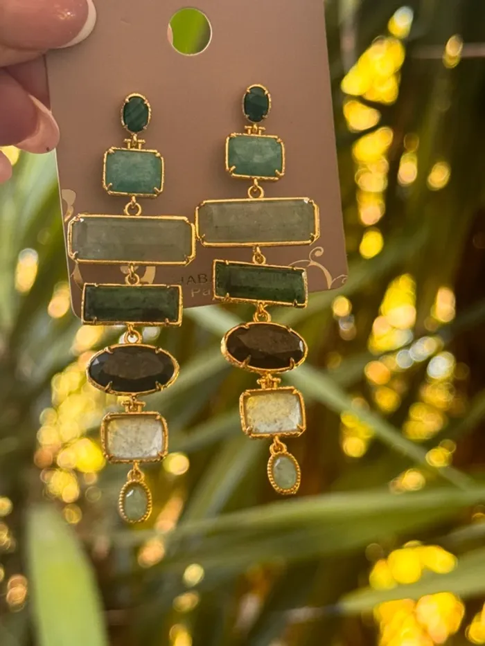 Grande boucles d’oreilles habaha paris acier inoxydable or malachite amazonite jade vert véritables - photo numéro 3