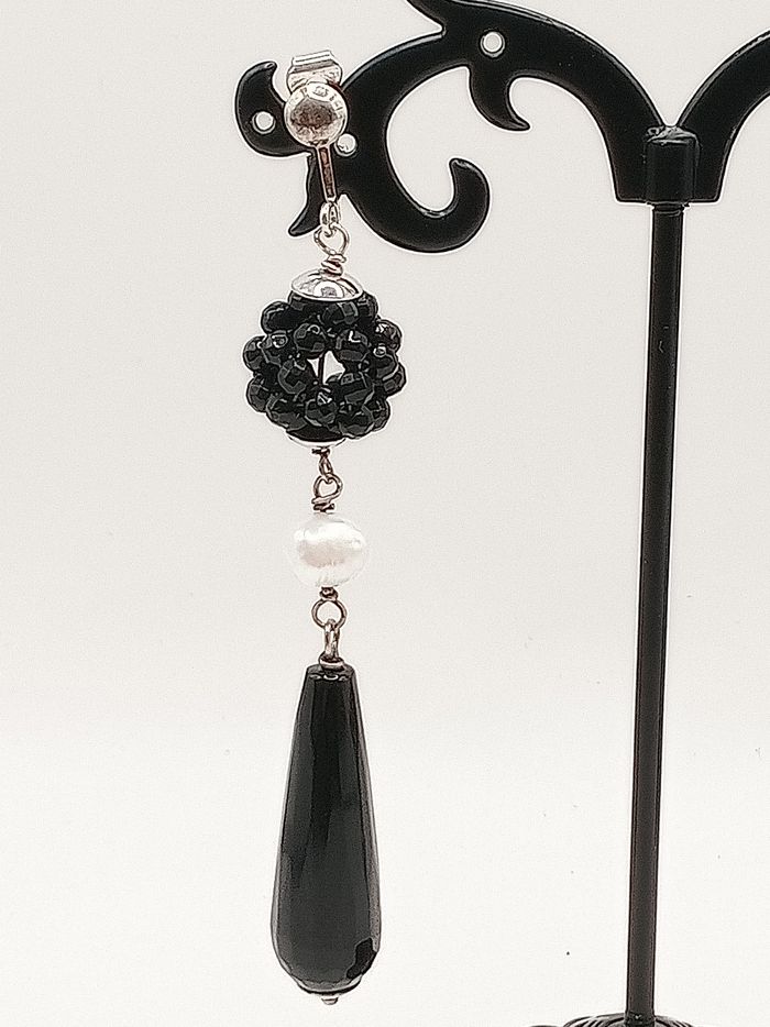 Orecchini donna clip vintage artigianali argento 925 perla fiume neri bianchi - photo numéro 3