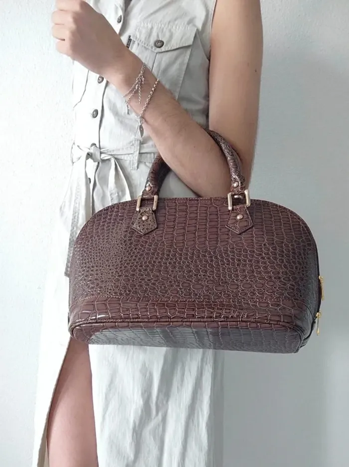 Sac à main marron cuir vernis bandoulière amovible écaille vintage / Lucia Tommasi - 33x24x17cm - photo numéro 3