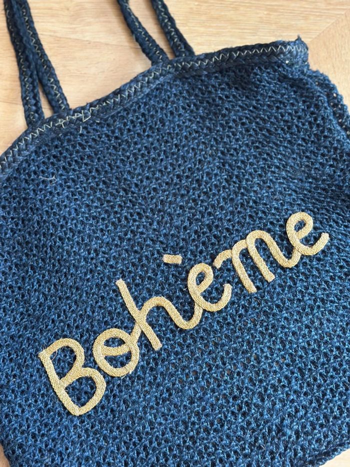 Cabas bleu marine en jute Bohème anses cuir format XL - photo numéro 2