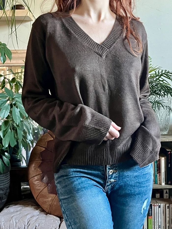 Pull ample manches longues col V - marron
