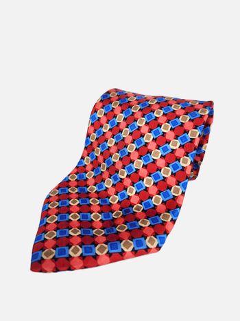 Cravate Pierre Clarence Paris en Soie Rouge Bleu à Motifs Géométriques Carrés / Ronds