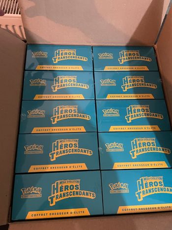 Lot 10 etb ME2.5 Héros Transcendant + carton de case 