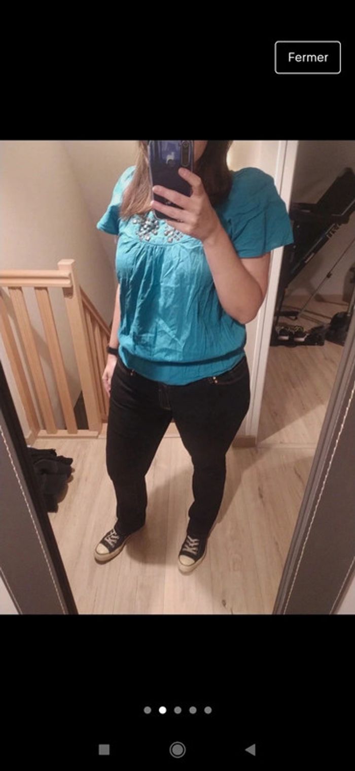 Blouse été turquoise clous taille L - photo numéro 2