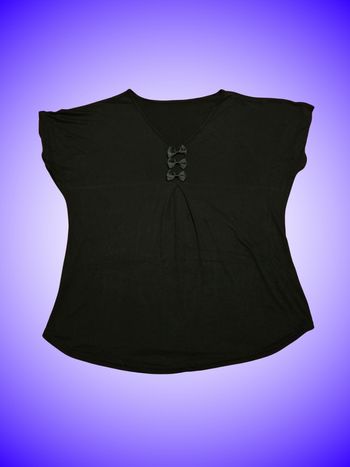 Tee-shirt Noir Fluide Décolleté V – Manches Courtes – Nœuds Décoratifs – Sans Marque – Bon État