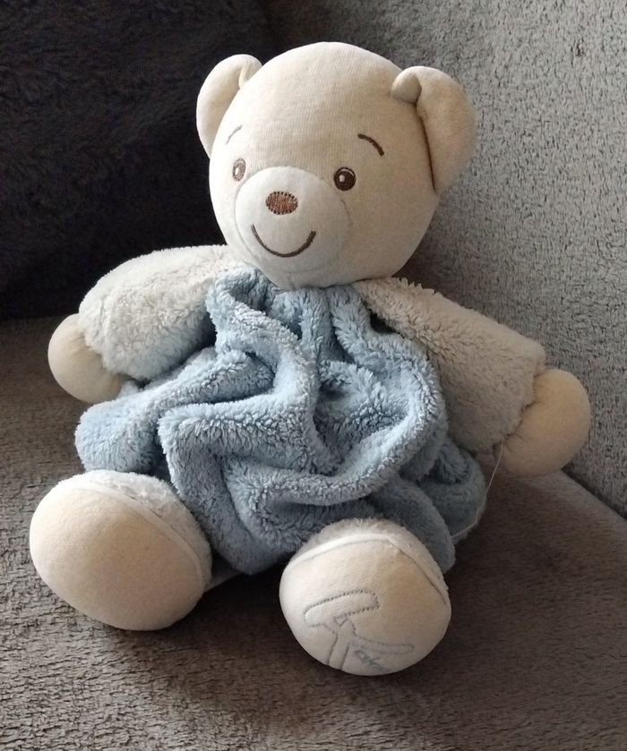 Doudou peluche ours boule kaloo  bleu et beige