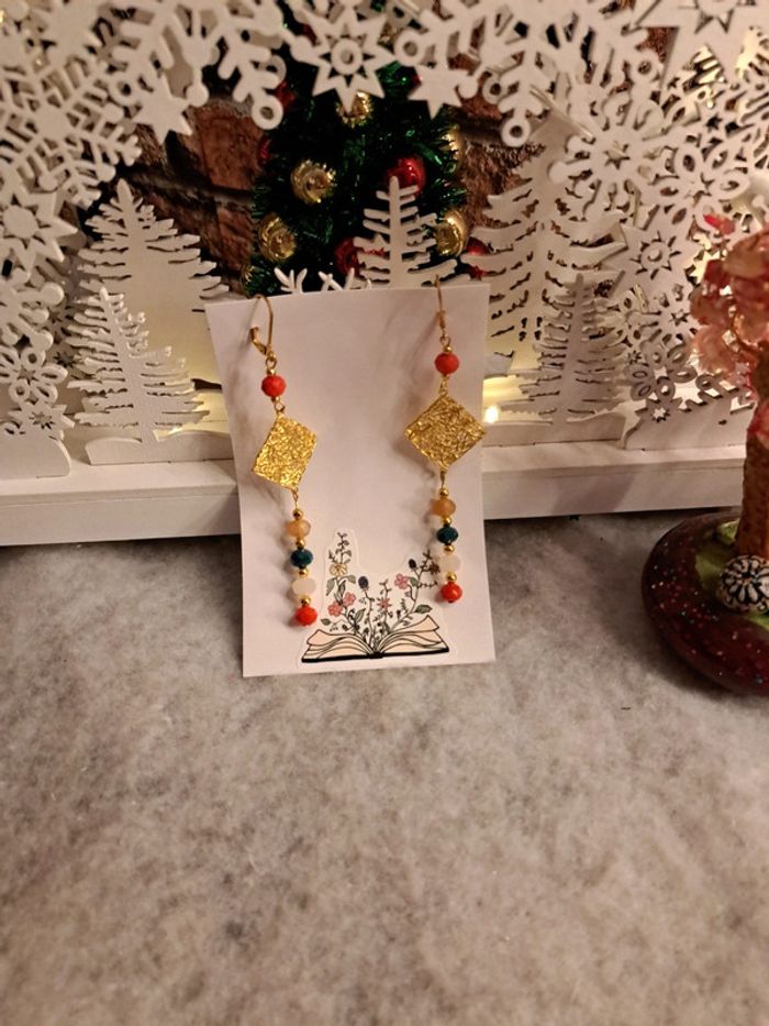 Boucles d'oreilles pendante chic et élégant doré multicolore - photo numéro 2