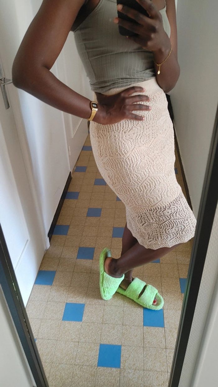 Jupe en crochet dentelle doublé et ajouré beige - photo numéro 15