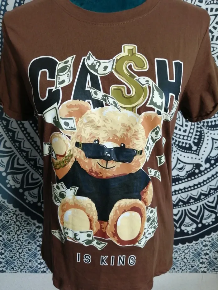 Tee-shirt marron imprimé nounours billet cash / fb sister / (M) - photo numéro 3