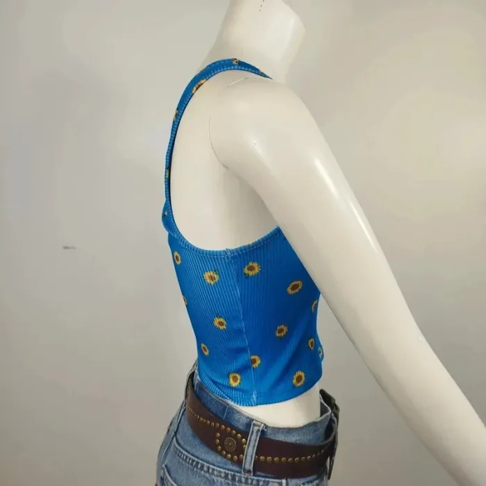 Crop top asymétrique bleu à tournesols – Taille S/M A716 - photo numéro 4
