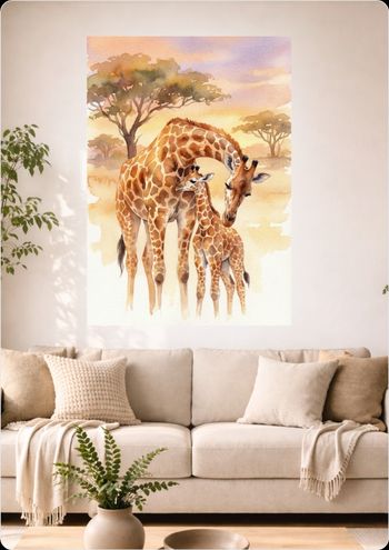 Affiche murale girafes aquarelle "Tendresse Girafe" déco savane A3 Sans cadre
