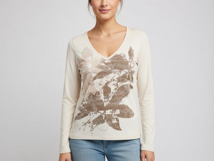 T shirt manches longues col V beige imprimé devant et dos Taille unique Promod - photo numéro 1