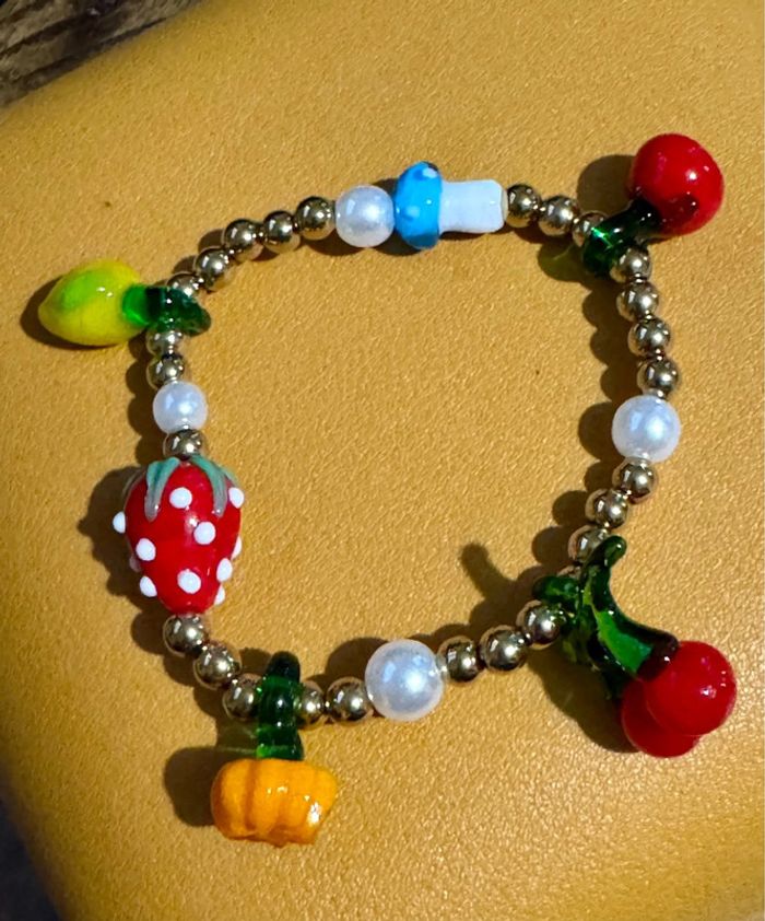 Bracelet perles boules acier inoxydable or réglable fruits en verres habaha Paris - photo numéro 7