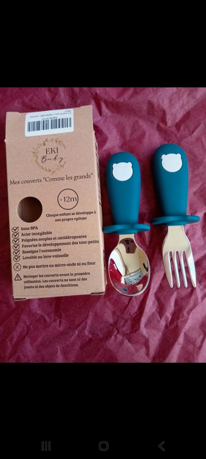 Couverts bébé ergonomiques bleus – cuillère et fourchette – neufs