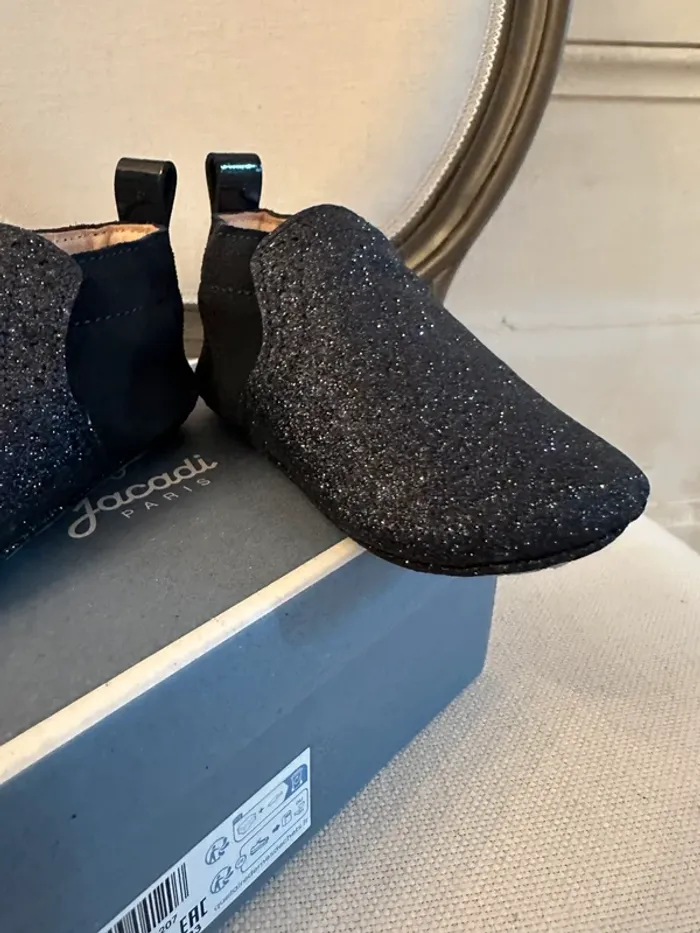 NEUF Jacadi chaussures chaussons cuir bleu marine pailletées bébé fille 19 Basila - photo numéro 3