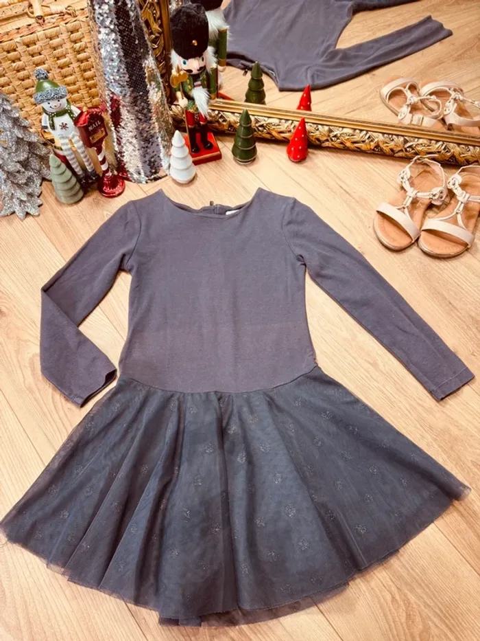 Taille 8 ans robe à manches longues fille Okaidi grise * tulle poids * 🎄