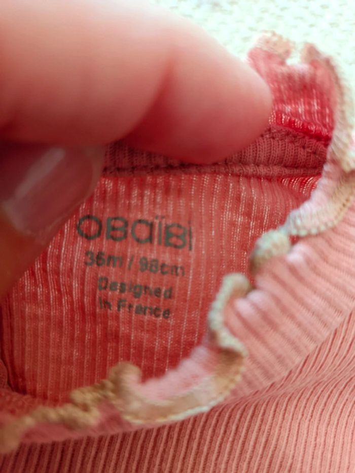 T-shirt coton côtelé rose obaïbi 36 mois coeur doré - photo numéro 3