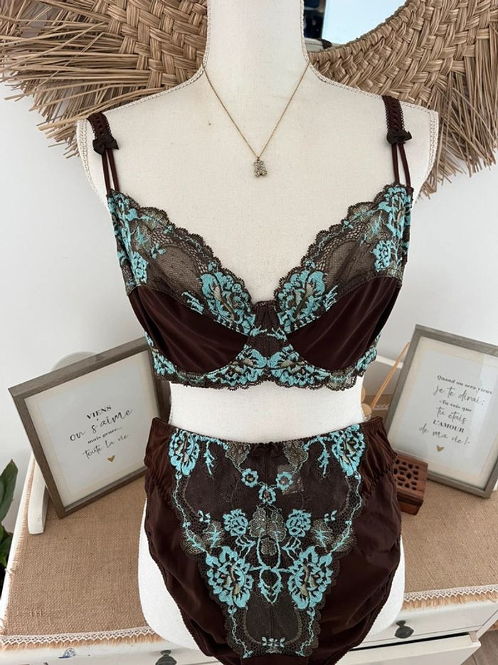 Ensemble lingerie 3 pièces chocolat turquoise 46/48 95 C