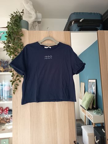 Tee-shirt top bleu marine avec 2 petites vagues blanches Easy Wear - Taille L 40