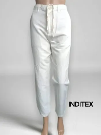 Pantalon blanc,taille haute ajustable,coupe fuselée,lin et coton marque Inditex