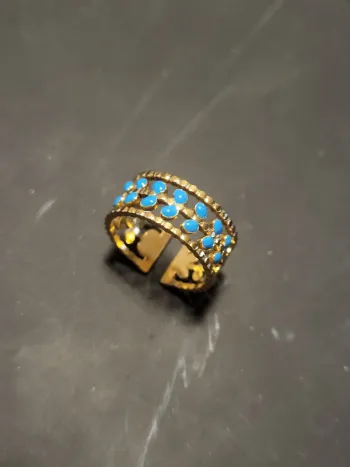 Bague acier inoxydable doré ajustable feuilles bleues