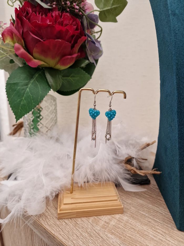 Boucles D'oreilles Argentées Fraise Bleu Bague Argenté Strass - photo numéro 3
