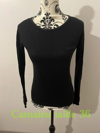 Pull noir à manches longues petite poche poitrine bordure argenté ouvert dos camaïeu taille 36