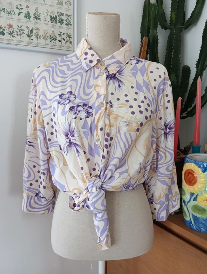 Chemise longue écrue et violette en viscose taille 42