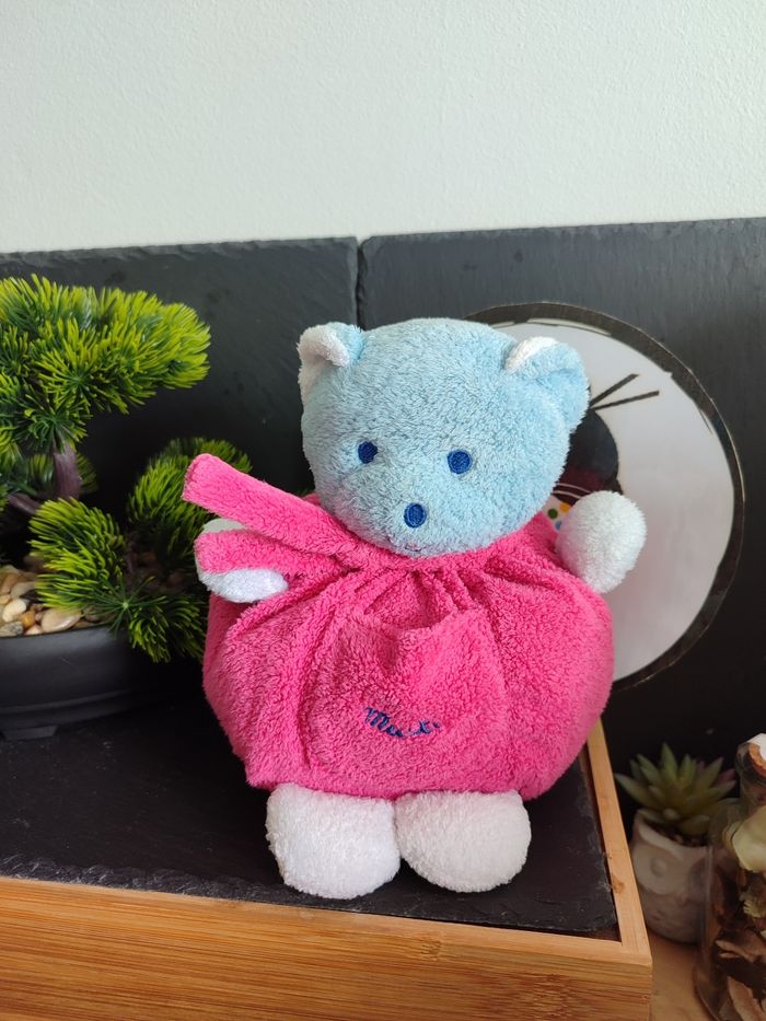 Doudou ours musti marionnette bleu jaune blanc mustela poche bonnet nuit Ancien