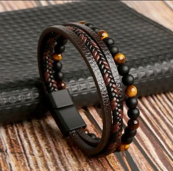 Bracelet en cuir tressé et pierre d'oeil du tigre