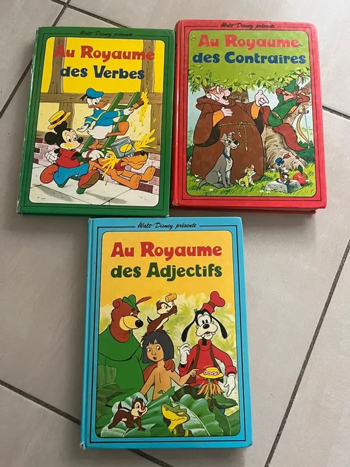 Lot de 3 livres vintage pour apprendre Disney Mickey adjectifs, contraires et verbes,