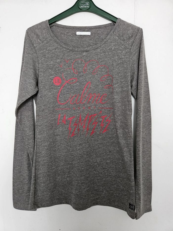 T-shirt à manches longues femme - Taille M / 38 - Studio - Gris imprimé rose - photo numéro 2
