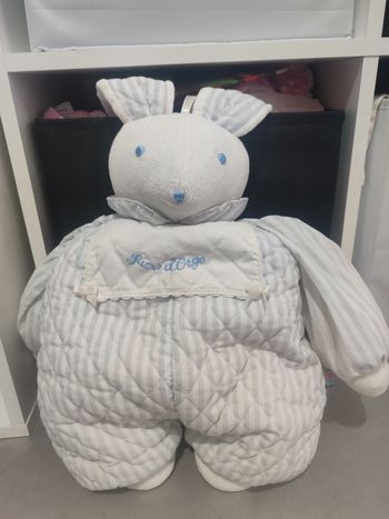 Doudou Lapin rayé bleu coussin Sucre d'orge range pyjama peluche ancien blanc